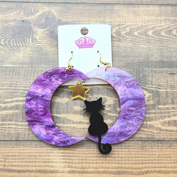 Jewelry - Crescent Moon & Black Cat Earrings